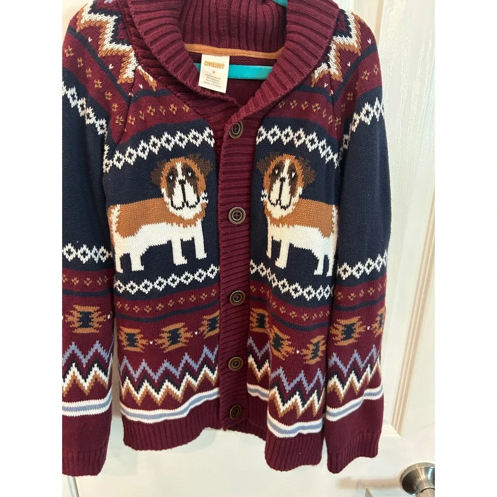 Gymboree Cardigan Burgundy Saint Bernard Dog Fair Isle Knit Sweater Kids 8